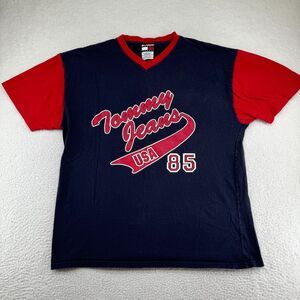 Vintage Tommy Jeans T-Shirt Mens Large Blue Red Short Sleeve Baseball USA Made